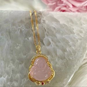 Pink Crowned Cubic Zirconia Spring Buddha Gold Necklace